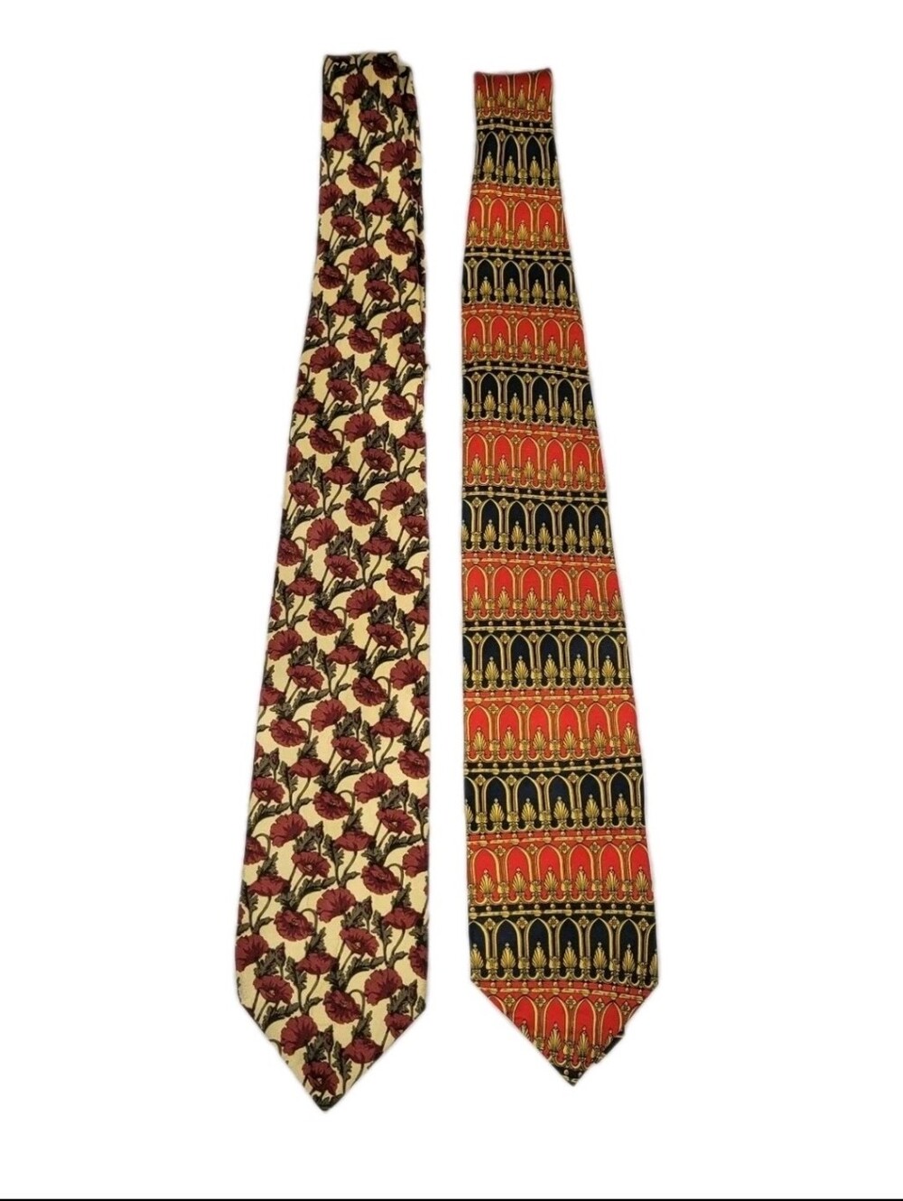 Huntington Mens 100% Silk Ties Lot Of Two Floral/Arches Print Vintage EUC